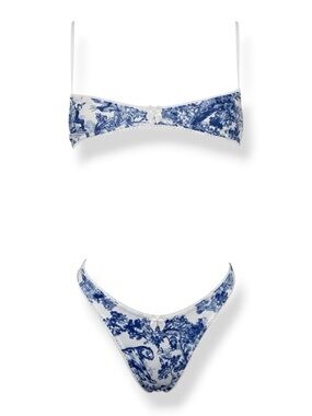 Blue Fine China Print Thong Bikini with White Lace + Bows - EXOTIC DANCEWEAR